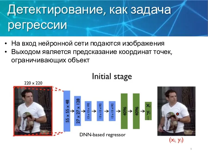 Детектирование, как задача регрессии На вход нейронной сети подаются изображения Выходом является