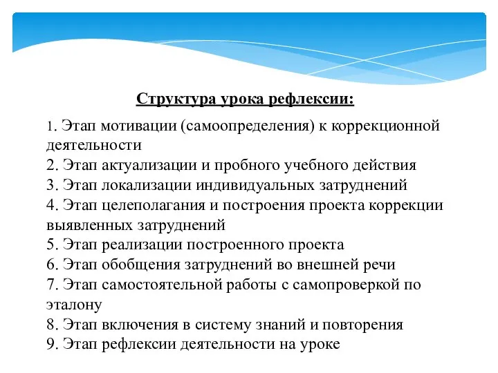 Структура урока рефлексии: 1. Этап мотивации (самоопределения) к коррекционной деятельности 2. Этап