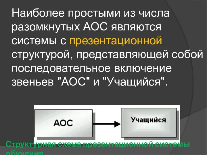 Наиболее простыми из числа разомкнутых АОС являются системы с презентационной структурой, представляющей