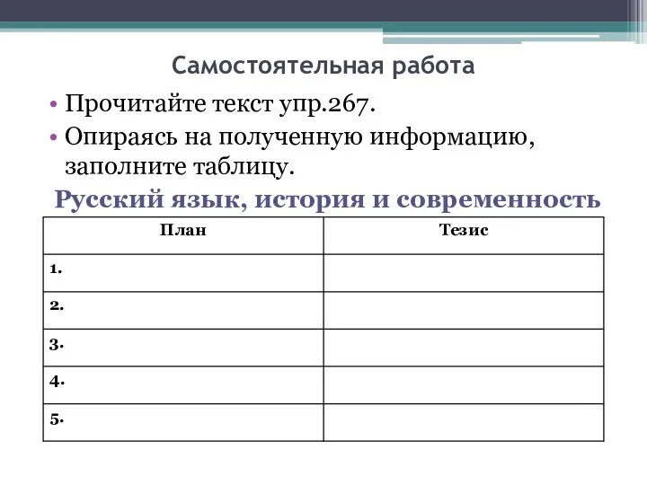 Самостоятельная работа Прочитайте текст упр.267. Опираясь на полученную информацию, заполните таблицу. Русский язык, история и современность