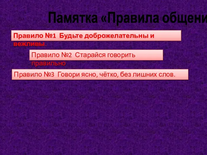 Памятка «Правила общения» Правило №1 Будьте доброжелательны и вежливы. Правило №2 Старайся