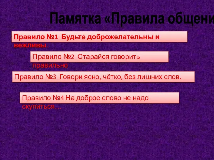 Памятка «Правила общения» Правило №1 Будьте доброжелательны и вежливы. Правило №2 Старайся