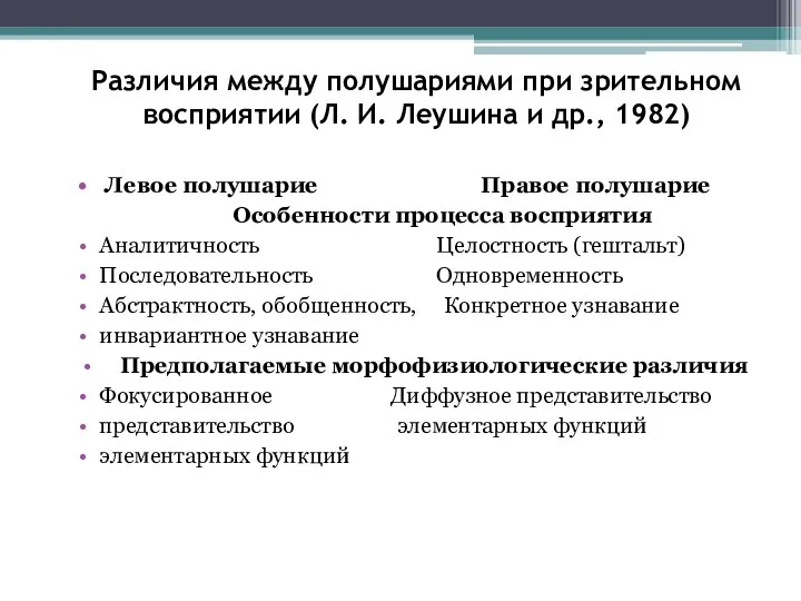 Различия между полушариями при зрительном восприятии (Л. И. Леушина и др., 1982)