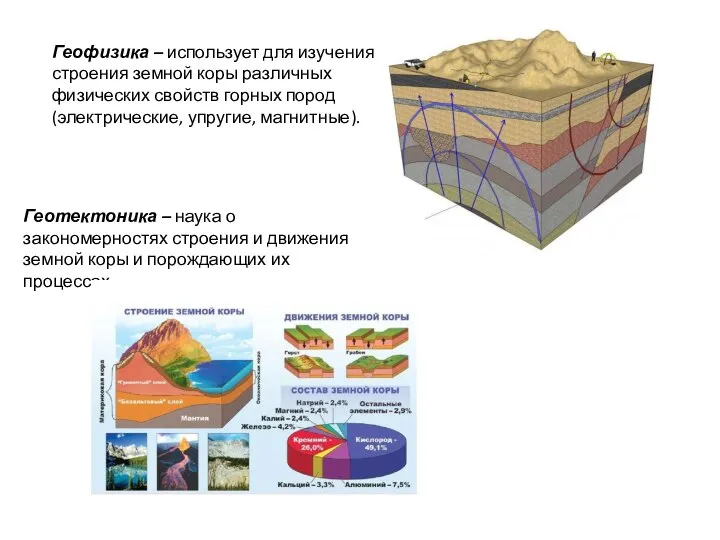 Геофизика – использует для изучения строения земной коры различных физических свойств горных