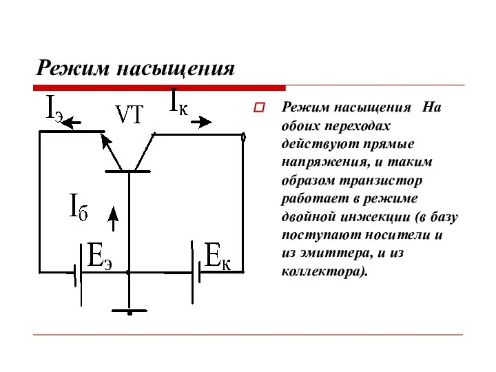 Режим насыщения Режим насыщения На обоих переходах действуют прямые напряжения, и таким