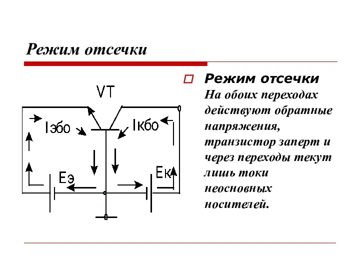 Режим отсечки Режим отсечки На обоих переходах действуют обратные напряжения, транзистор заперт