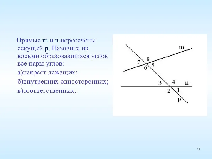 Прямые m и n пересечены секущей р. Назовите из восьми образовавшихся углов