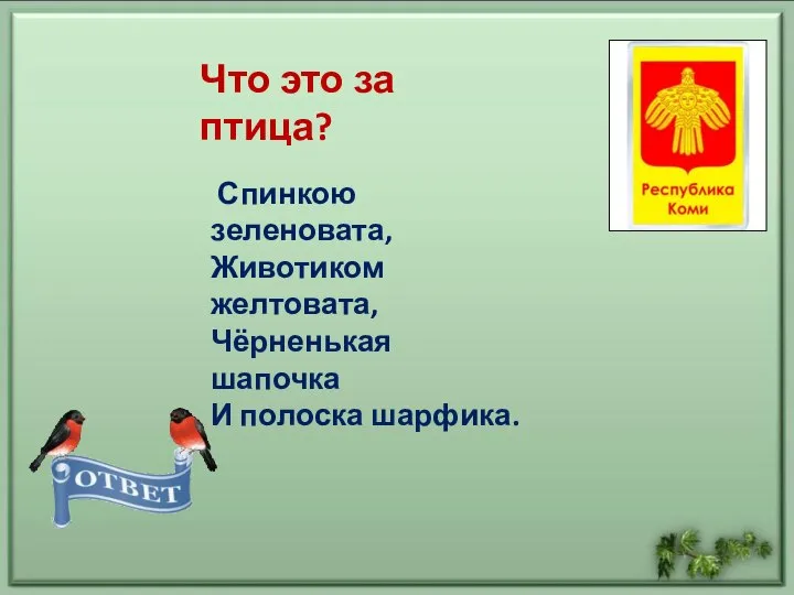 Что это за птица? Спинкою зеленовата, Животиком желтовата, Чёрненькая шапочка И полоска шарфика.