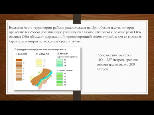 Большая часть территории района расположена на Приобском плато, которое представляет собой повышенную