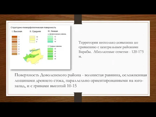 Поверхность Доволенского района - волнистая равнина, осложненная лощинами древнего стока, параллельно ориентированными