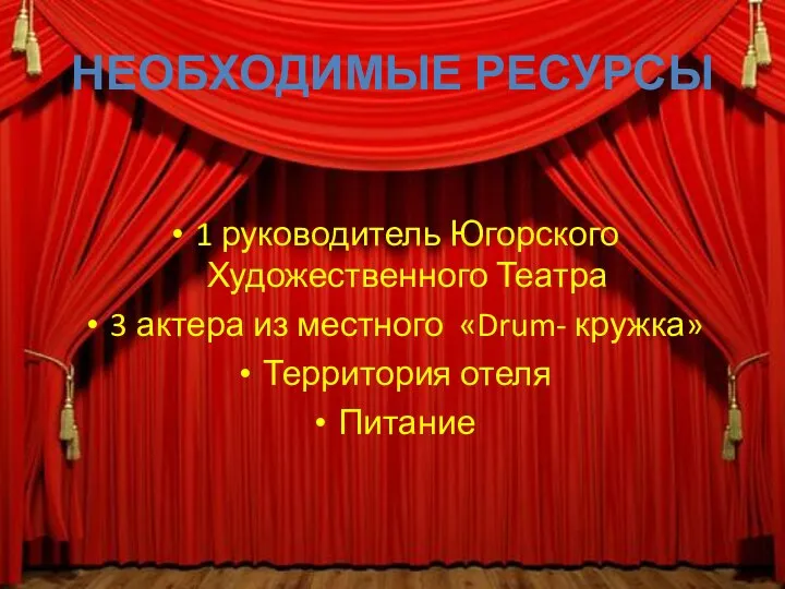 НЕОБХОДИМЫЕ РЕСУРСЫ 1 руководитель Югорского Художественного Театра 3 актера из местного «Drum- кружка» Территория отеля Питание