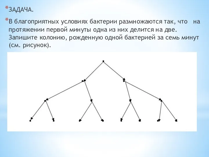 ЗАДАЧА. В благоприятных условиях бактерии размножаются так, что на протяжении первой минуты