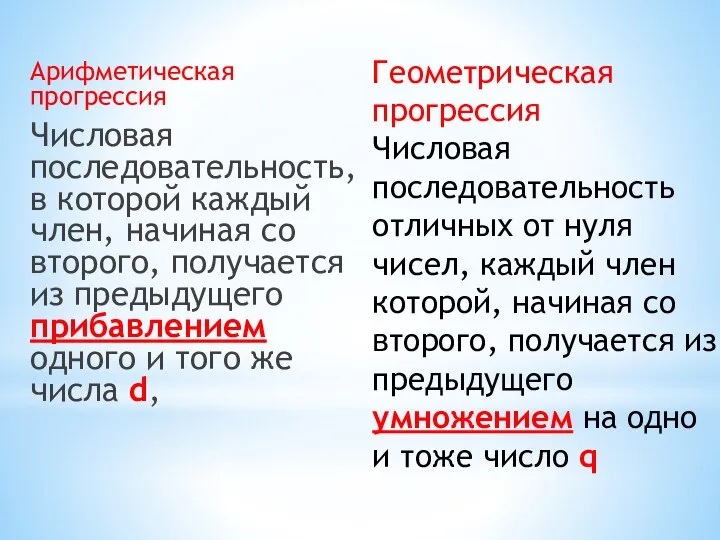 Арифметическая прогрессия Числовая последовательность, в которой каждый член, начиная со второго, получается