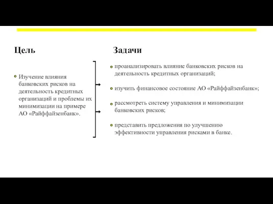 Цель Изучение влияния банковских рисков на деятельность кредитных организаций и проблемы их