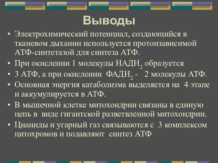 Выводы Электрохимический потенциал, создающийся в тканевом дыхании используется протонзависимой АТФ-синтетазой для синтеза