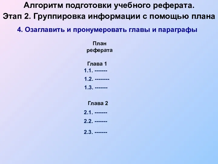 План реферата Алгоритм подготовки учебного реферата. Этап 2. Группировка информации с помощью