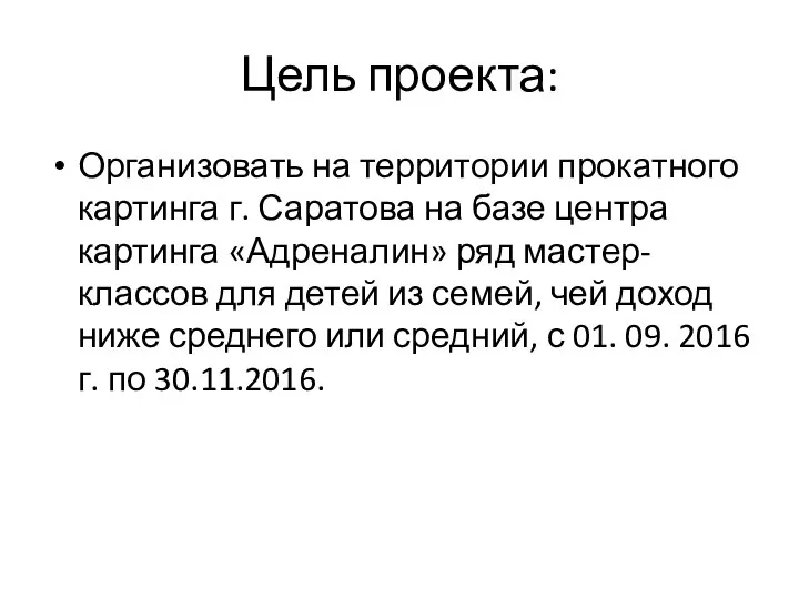 Цель проекта: Организовать на территории прокатного картинга г. Саратова на базе центра