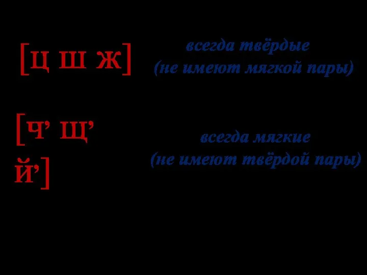 [ц ш ж] всегда твёрдые (не имеют мягкой пары) [ч, щ, й,]