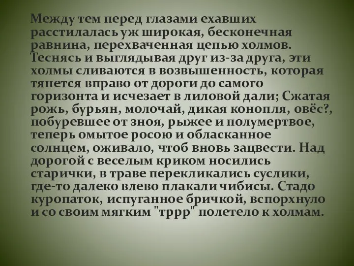 Между тем перед глазами ехавших расстилалась уж широкая, бесконечная равнина, перехваченная цепью