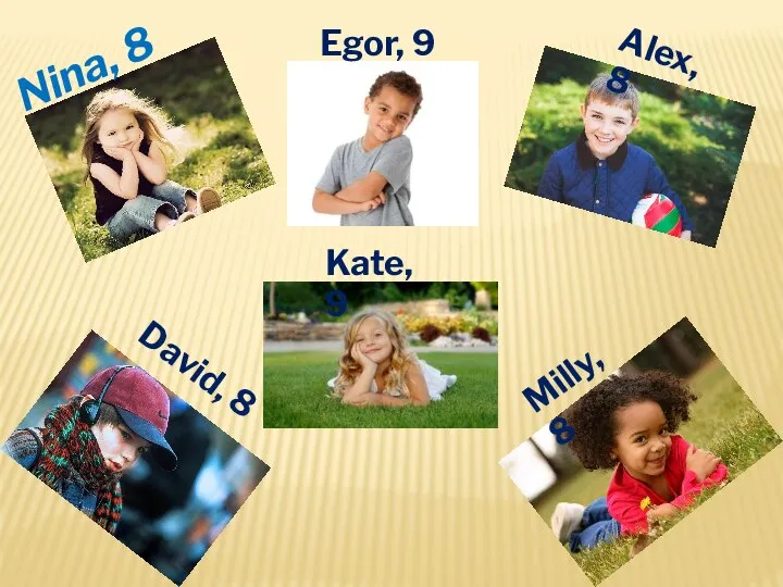 Nina, 8 Egor, 9 Alex, 8 David, 8 Kate, 9 Milly, 8