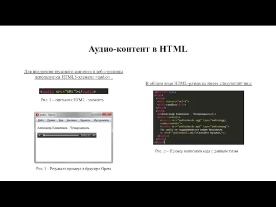 Аудио-контент в HTML Для внедрения звукового контента в веб-страницы используется HTML5-элемент .