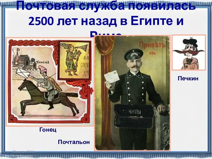 Москва, 2006 г. Почтовая служба появилась 2500 лет назад в Египте и Риме Гонец Почтальон Печкин