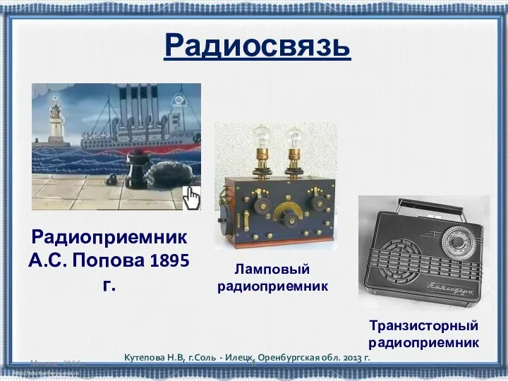 Москва, 2006 г. Радиосвязь Ламповый радиоприемник Транзисторный радиоприемник Радиоприемник А.С. Попова 1895