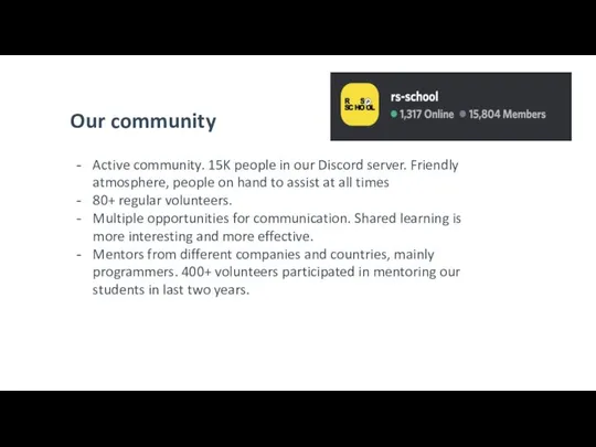 Our community Active community. 15K people in our Discord server. Friendly atmosphere,