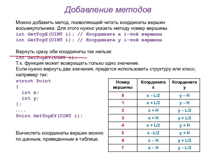 Добавление методов Можно добавить метод, позволяющий читать координаты вершин восьмиугольника. Для этого