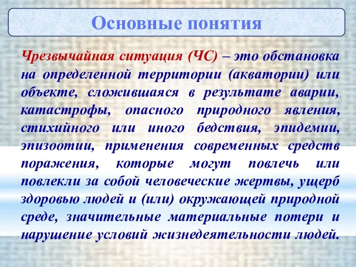 Чрезвычайная ситуация (ЧС) – это обстановка на определенной территории (акватории) или объекте,