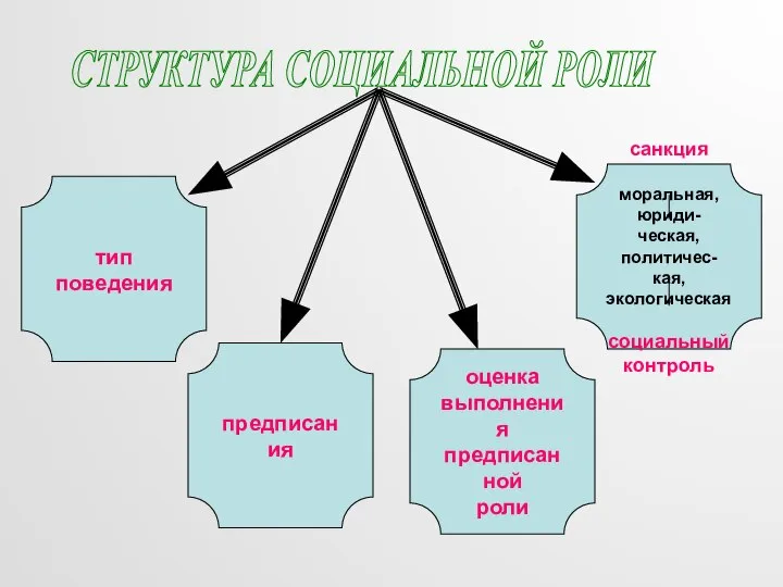 СТРУКТУРА СОЦИАЛЬНОЙ РОЛИ тип поведения предписания оценка выполнения предписанной роли санкция моральная,