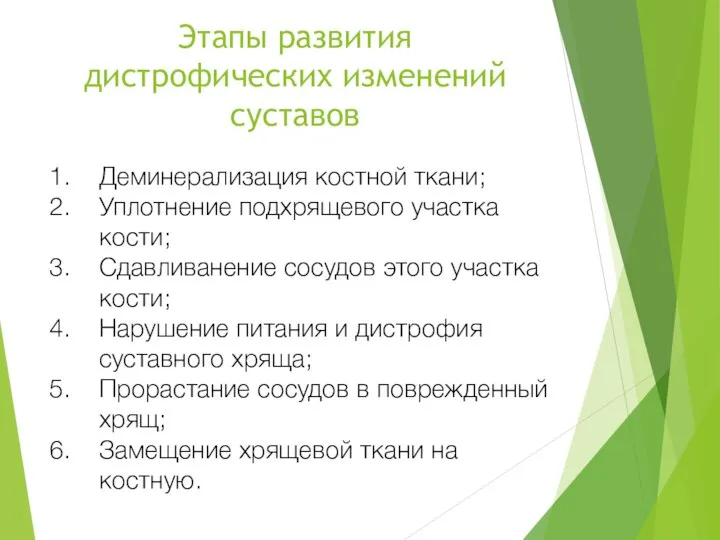 Этапы развития дистрофических изменений суставов Деминерализация костной ткани; Уплотнение подхрящевого участка кости;