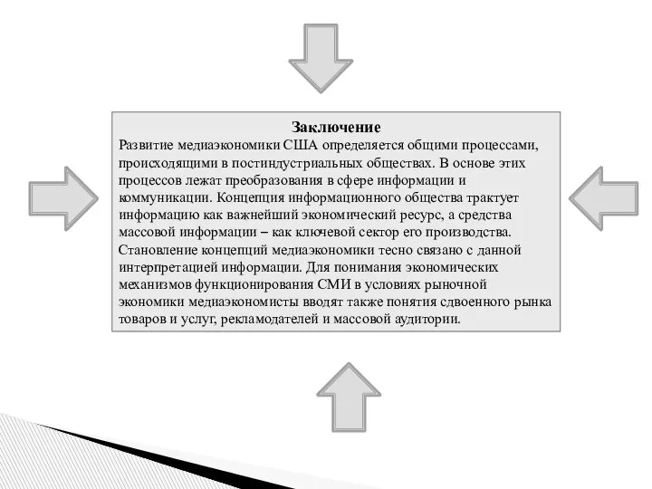 Заключение Развитие медиаэкономики США определяется общими процессами, происходящими в постиндустриальных обществах. В