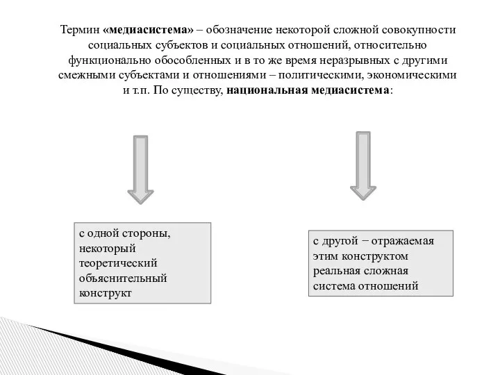 Термин «медиасистема» ‒ обозначение некоторой сложной совокупности социальных субъектов и социальных отношений,