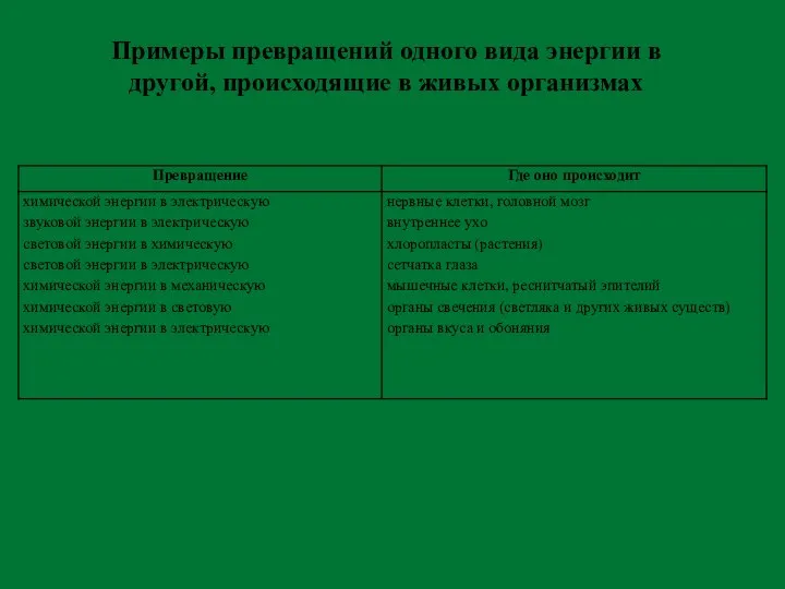 Примеры превращений одного вида энергии в другой, происходящие в живых организмах