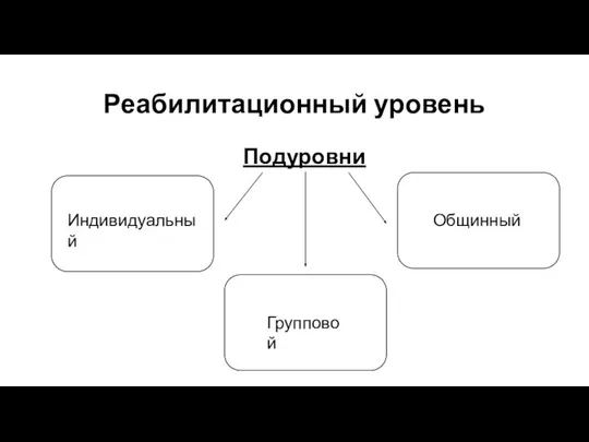 Индивидуальный Реабилитационный уровень Подуровни Индивидуальный Групповой Общинный