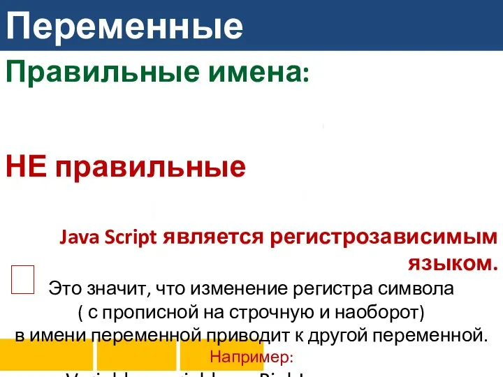 Переменные Правильные имена: НЕ правильные имена: Java Script является регистрозависимым языком. Это