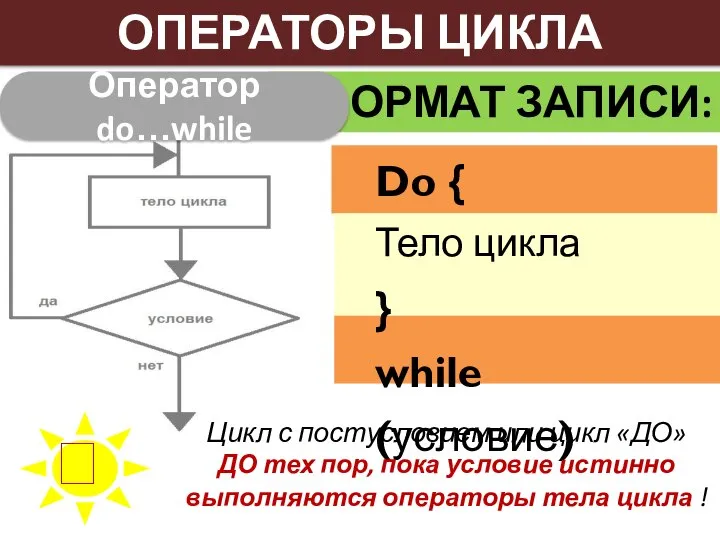 ФОРМАТ ЗАПИСИ: Оператор do…while ОПЕРАТОРЫ ЦИКЛА Do { Тело цикла } while