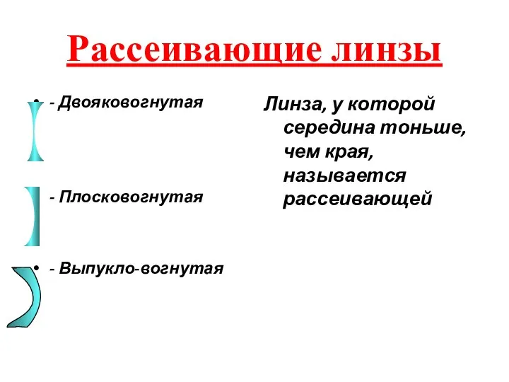 Рассеивающие линзы - Двояковогнутая - Плосковогнутая - Выпукло-вогнутая Линза, у которой середина