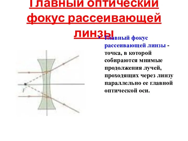 Главный оптический фокус рассеивающей линзы Главный фокус рассеивающей линзы - точка, в