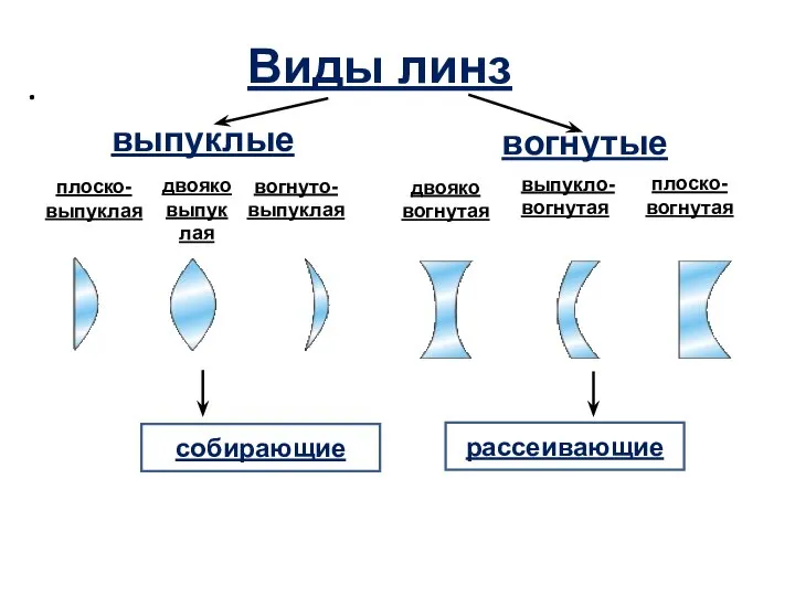 . вогнуто-выпуклая собирающие рассеивающие Виды линз плоско-выпуклая двояковыпуклая двояко вогнутая выпукло-вогнутая плоско-вогнутая