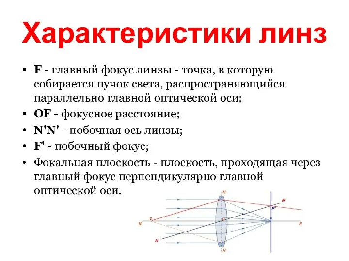 Характеристики линз F - главный фокус линзы - точка, в которую собирается