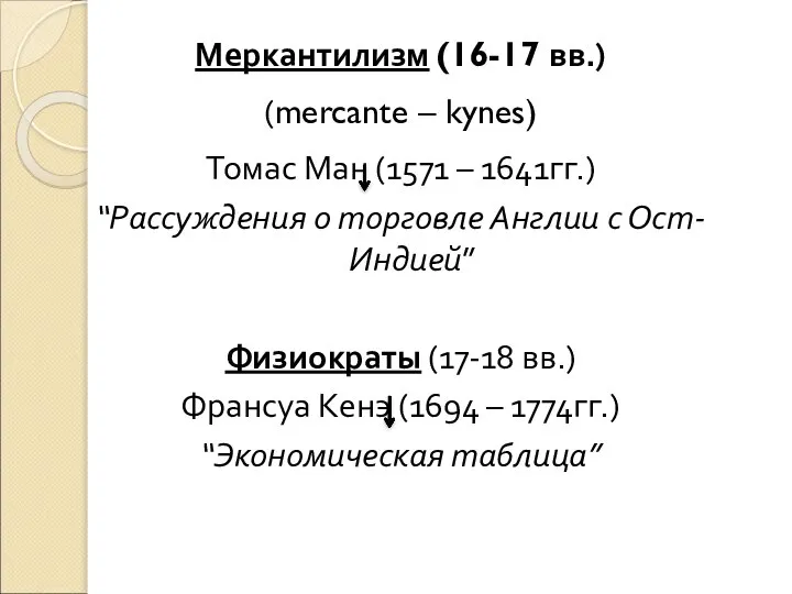 Меркантилизм (16-17 вв.) (mercante – kynes) Томас Ман (1571 – 1641гг.) “Рассуждения