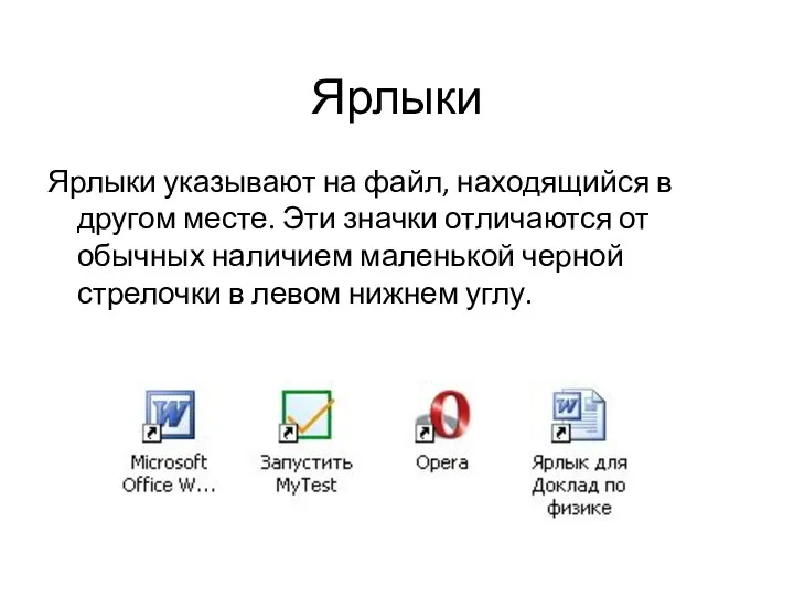 Ярлыки Ярлыки указывают на файл, находящийся в другом месте. Эти значки отличаются