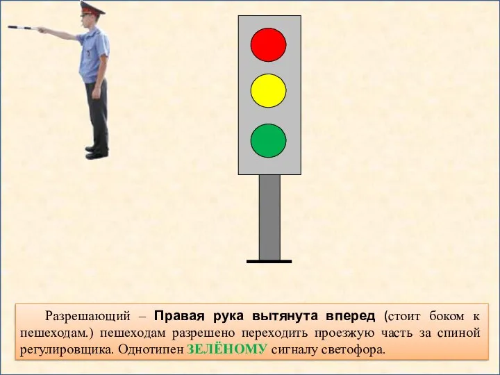 Разрешающий – Правая рука вытянута вперед (стоит боком к пешеходам.) пешеходам разрешено