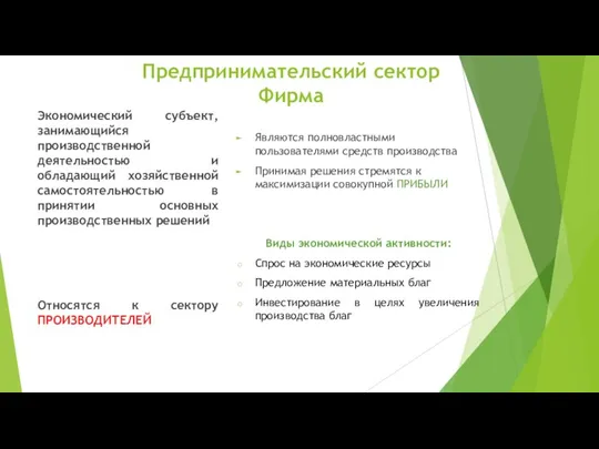 Предпринимательский сектор Фирма Являются полновластными пользователями средств производства Принимая решения стремятся к