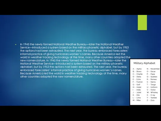 In 1945 the newly formed National Weather Bureau—later the National Weather Service—introduced