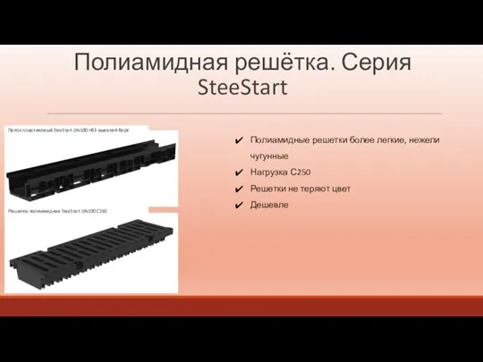 Полиамидная решётка. Серия SteeStart Лоток пластиковый SteeStart DN100 H93 высокий борт Решетка