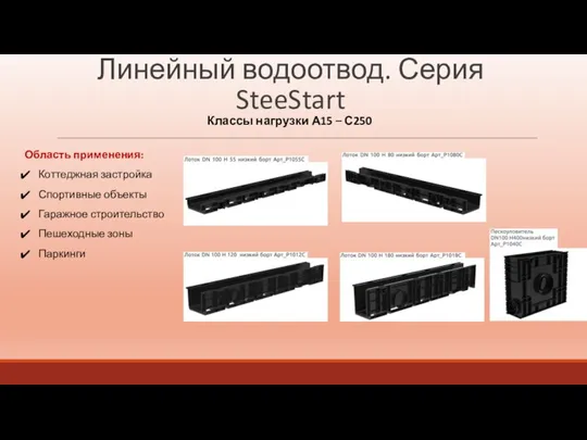 Линейный водоотвод. Серия SteeStart Область применения: Коттеджная застройка Спортивные объекты Гаражное строительство