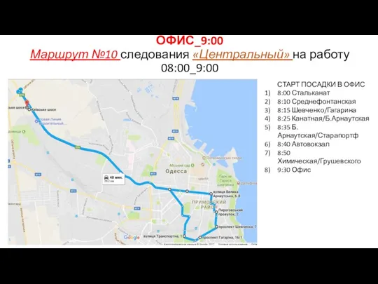 СТАРТ ПОСАДКИ В ОФИС 8:00 Стальканат 8:10 Среднефонтанская 8:15 Шевченко/Гагарина 8:25 Канатная/Б.Арнаутская